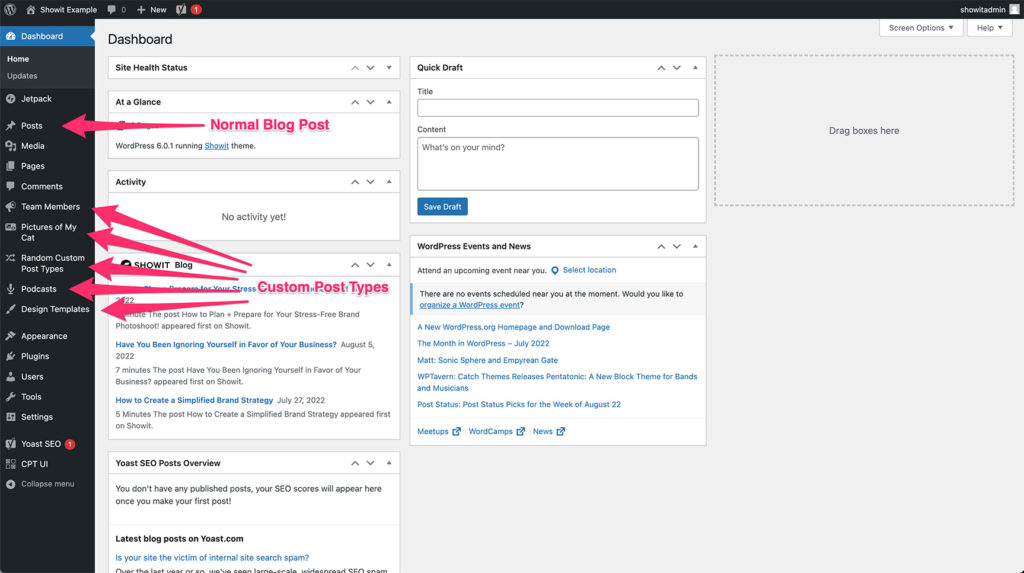 1-CPT-Examples - Showit WordPress dashboard highlighting custom post types