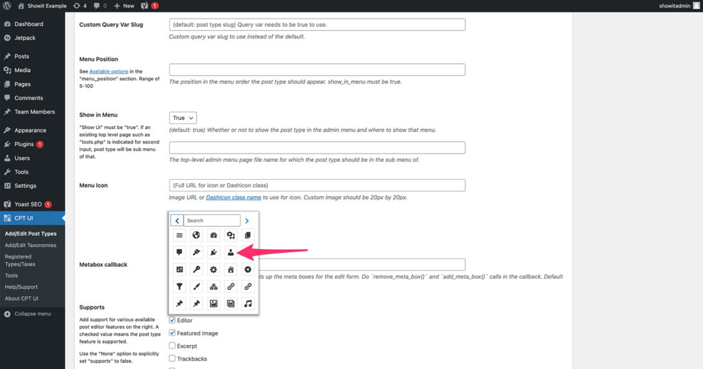 12-Icon-Choice - Showit CPT UI dashicon choice