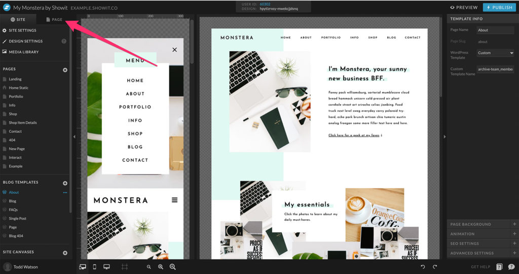 20-Page-Tab - Showit Select page tab on Showit app