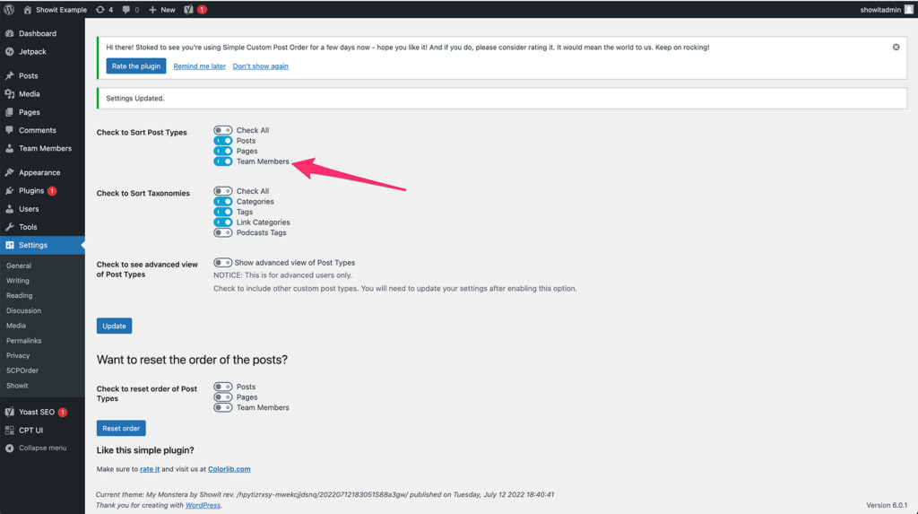 36-Turn-On - Showit Turning on Simple Custom Post Order for our Custom Post Type on Showit