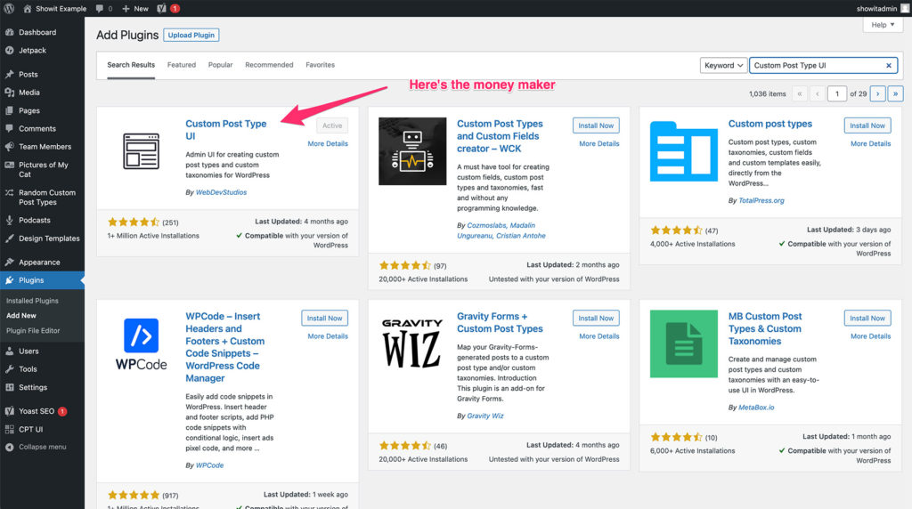 4-Search-and-install-CPT-UI - Showit Custom Post Type UI in WordPress dashboard