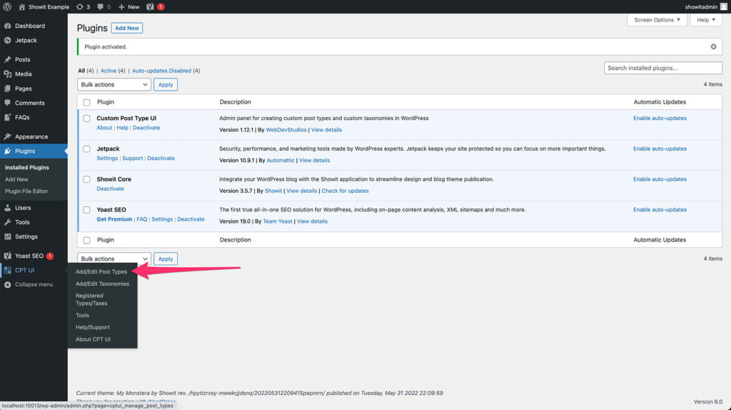 6-Add_Edit-Post-Type - Showit Add/edit post types from CPT UI link on WordPress dashboard