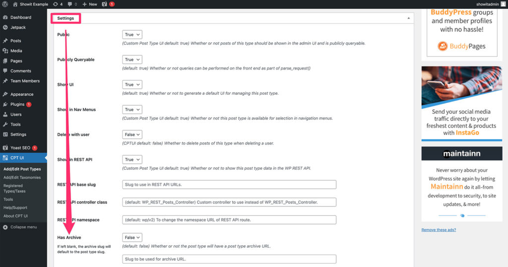 9-Has-Archive - Showit Has Archive setting on CPT UI