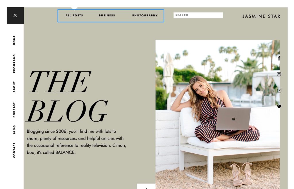 On JasmineStar.com the blog posts are just one resource Jasmine offers so she includes links to specific categories (ie. All Posts, Business, Photography) at the top once someone navigates to the blog page.
