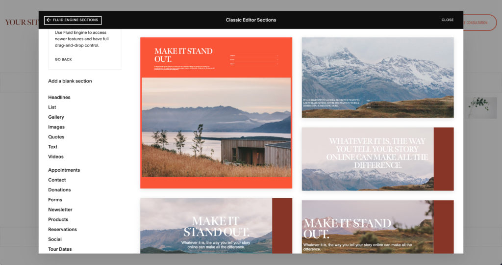 SquareSpace classic editor templates to show the difference between classic and SquareSpace Fluid Engine