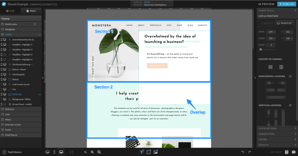 Showit section overlap