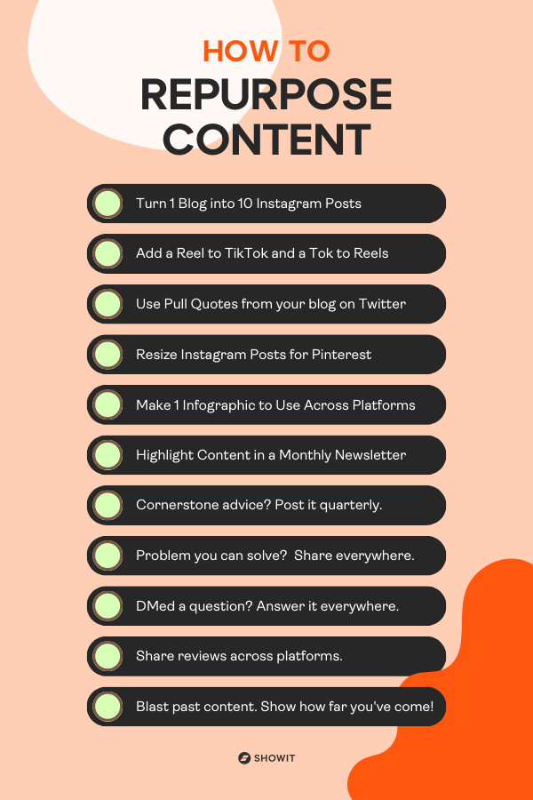 Pinterest-for-Blog-3 - Showit How to Repurpose Content. You could...Turn 1 Blog into 10 Instagram Posts. Add a Reel to TikTok and a Tok to Reels. Use Pull Quotes from your blog on Twitter Resize Instagram Posts for Pinterest Make 1 Infographic to Use Across Platforms. Highlight Content in a Monthly Newsletter. Cornerstone advice? Post it quarterly. Problem you can solve? Share everywhere. DMed a question? Answer it everywhere. Share reviews across platforms. Blast past content. Show how far you've come!