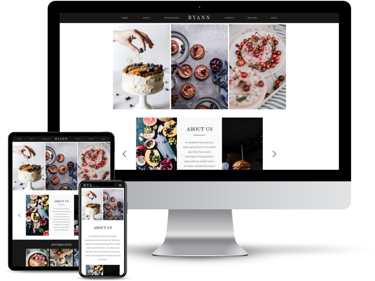 Baker's Free Website Template desktop, tablet, and mobile view of The Ryann Showit template